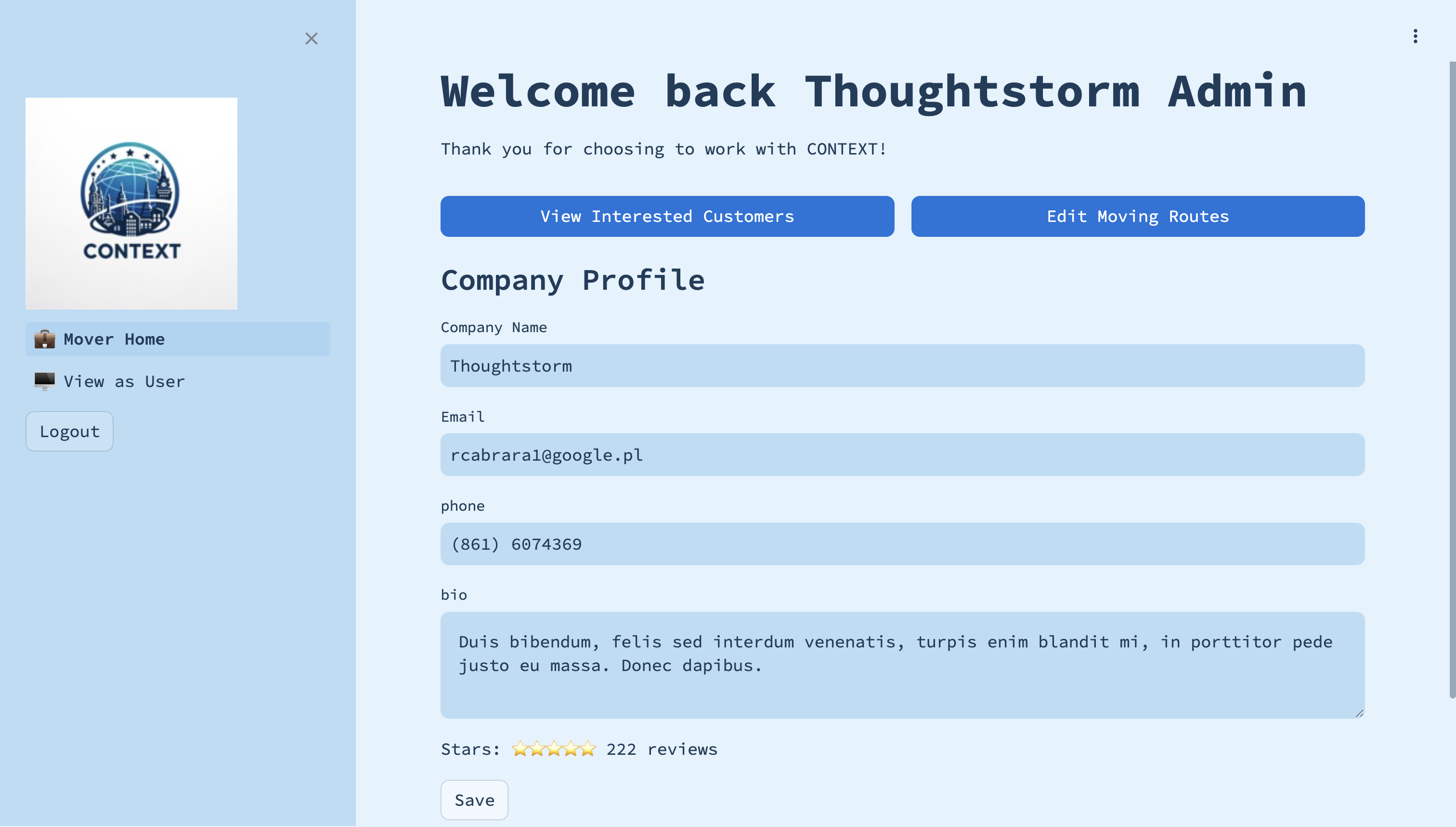 Mover admin panel