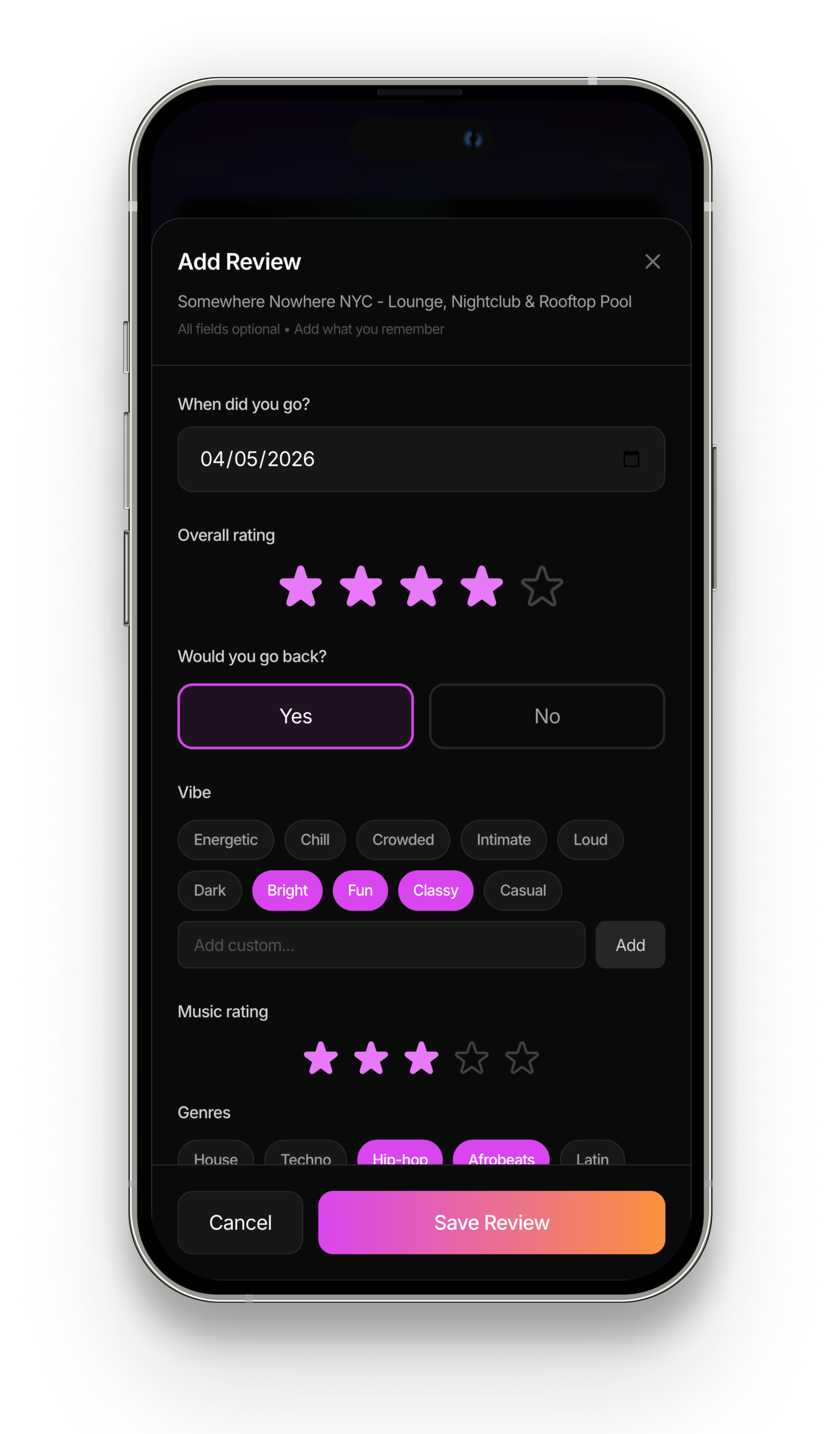 Revel reviews screen